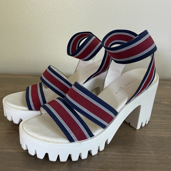 Madden Girl Shoes - Madden Girl Womens 7M Red White Blue Sohoo Platform Heel Slip On Strappy Sandals